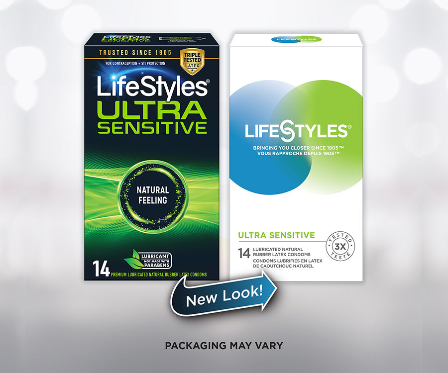 On left side old look: Trusted since 1905 100% contraceptive - STI Protection, and icon for triple tested latex, Lifestyles Ultra Sensitive Natural Feeling, Lubricant not made with paraben, 14 premium lubricated natural rubber latex condoms. New look on right side LifeStyles logo, bringing you closer since 1905, Ultra Sensitive 14 lubricated latex condoms, and an icon for tested 3x. Packaging may vary.