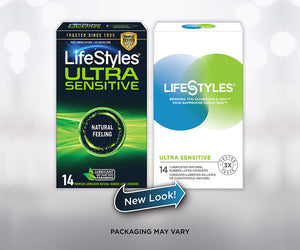On left side old look: Trusted since 1905 100% contraceptive - STI Protection, and icon for triple tested latex, Lifestyles Ultra Sensitive Natural Feeling, Lubricant not made with paraben, 14 premium lubricated natural rubber latex condoms. New look on right side LifeStyles logo, bringing you closer since 1905, Ultra Sensitive 14 lubricated latex condoms, and an icon for tested 3x. Packaging may vary.