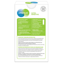 Load image into Gallery viewer, Back of package: LifeStyles logo, Ultra Sensitive, icon for tested 3x. Product features: A THIN NATURAL FEELING for a closer connection; Premium ULTRAGLIDE lubricant; STRONG RELIABLE PROTECTION 100% electronically tested; FLARED SHAPE enhances sensitivity for a natural feel Smooth texture, reservoir tip, natural color; NOMINAL WIDTH; Discreet low latex scent.