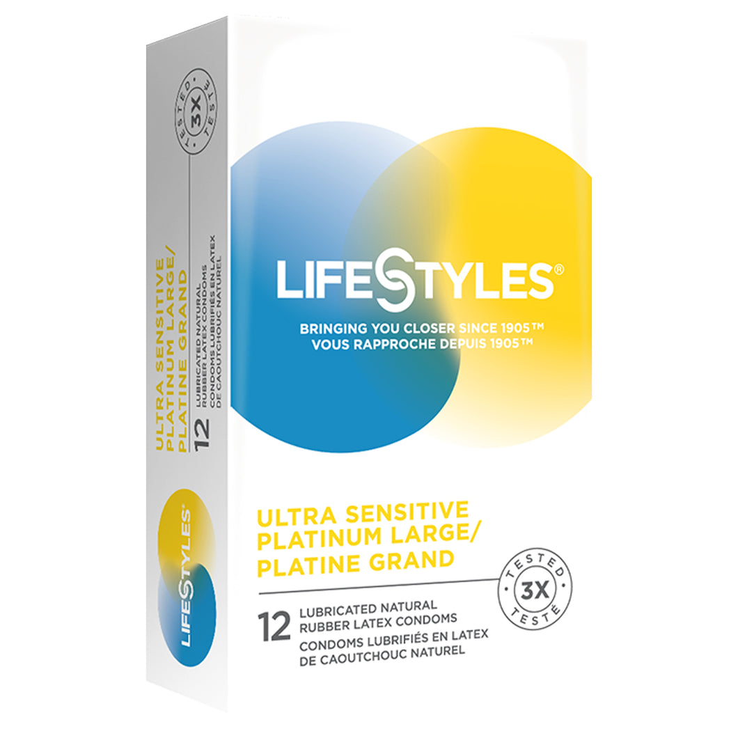 On the left side of package LifeStyles logo Ultra Sensitive Platinum Large 12 Lubricated Natural Rubber Latex Condoms, and an icon for Tested 3x. On the front of the package LifeStyles logo, bringing you closer since 1905, Ultra Sensitive Platinum Large 12 Lubricated Natural Rubber Latex Condoms, and an icon for Tested 3x.