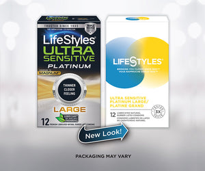 Left side (old look): Trusted since 1905 for Contraception - STI Protection, icon for Triple tested Latex, LifeStyles Ultra Sensitive Platinum compare to Magnum Thinner closer feeling, Large, Lubricant not made with Parabens, 12 premium Lubricated Natural Rubber Latex Condoms. Right side (new look): LifeStyles logo, bringing you closer since 1905, Ultra Sensitive Platinum Large 12 Lubricated Natural Rubber Latex Condoms, and an icon for Tested 3x. New Look, Packaging May Vary.