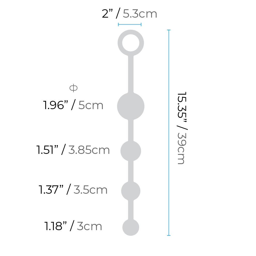 Large Graduated Anal Beads width: 2 inches / 5.3 centimetres; Anal Beads (Largest to smallest): 1.96 inches / 5 centimetres, 1.51 inches / 3.85 centimetres; 1.37 inches / 3.5 centimetres, 1.18 inches / 3 centimetres; Beads length: 15.35 inches / 39 centimetres.