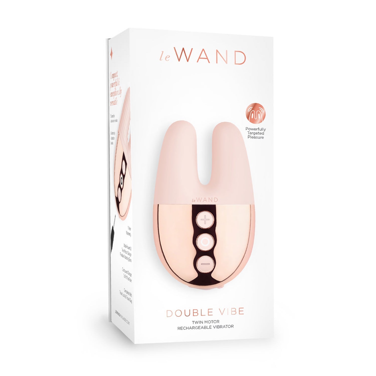 On the front of the packaging is the le Wand logo, product feature icon for Powerfully targeted pleasure, an image of the product, and the product name: Double Vibe Twin motors Rechargeable Vibrator.