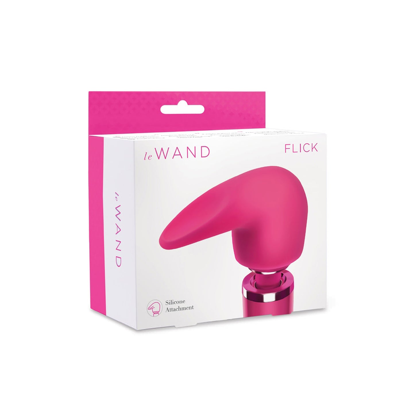 On the front of the package shows Le Wand logo, product name: Flick, image of the product attached to Le Wand Massager, and on the bottom left is an icon for Silicone Attachment. On the left side of the image shows Le Wand logo.