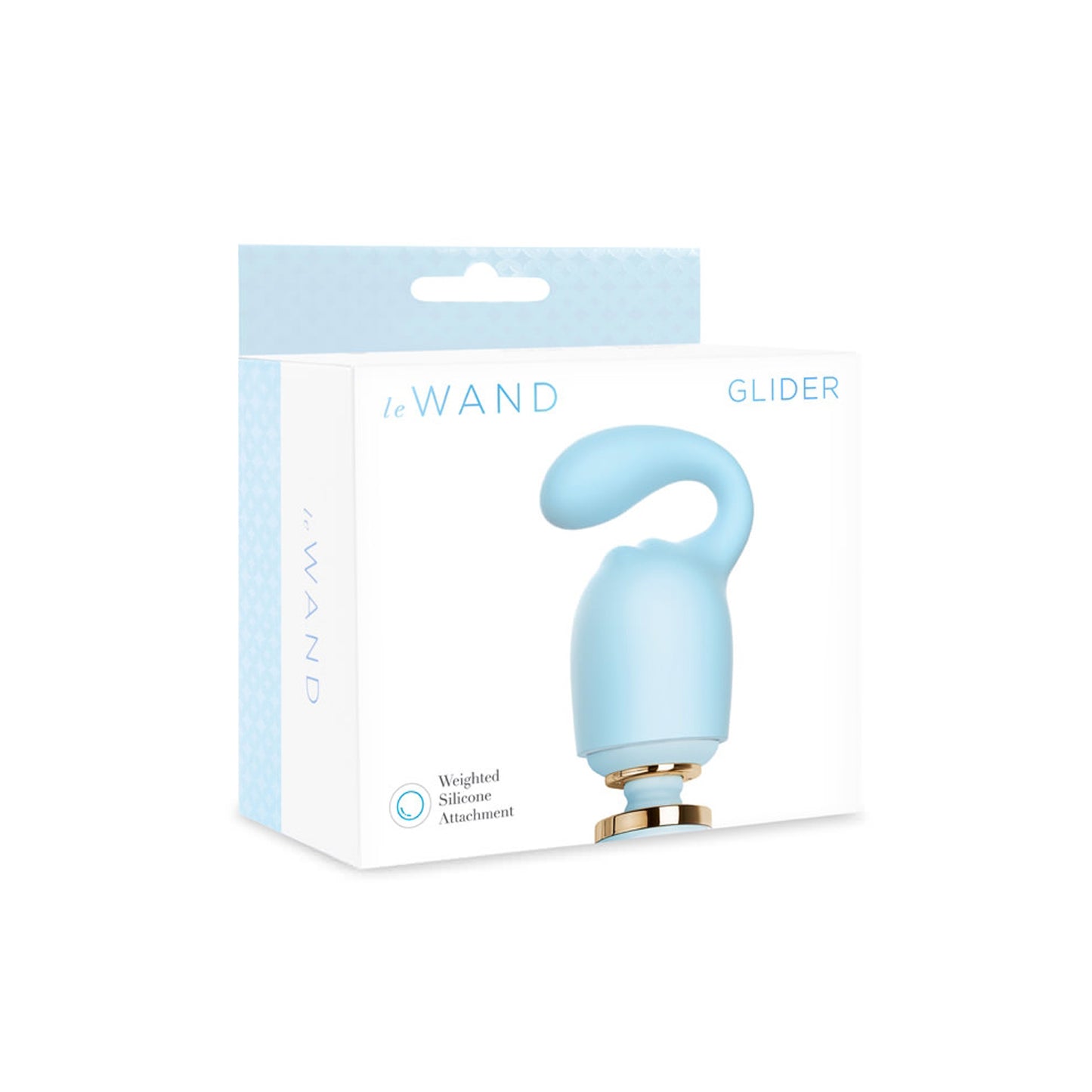 On the front of the packaging shows Le Wand logo, product name: Glider, and image of the product, and an icon for Weighted Silicone Attachment. On the left side of packaging shows Le Wand logo.