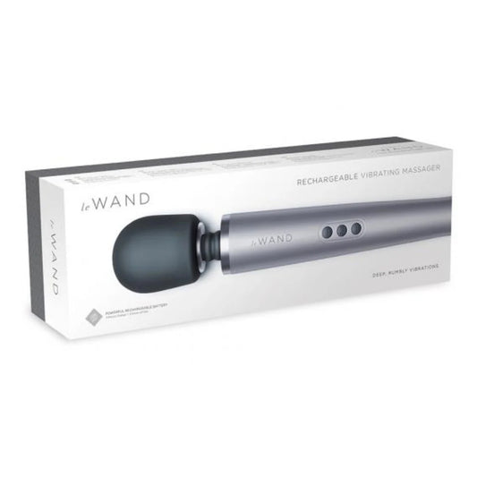 On the front of the packaging shows Le Wand logo, product name: Rechargeable Vibrating Massager, an image of the grey variant of the product, Winner cosmopolitan Sexcelence Awards, and product features: Deep, rumbly vibrations; Powerful rechargeable battery 3 hours charge = 3 hours of use.