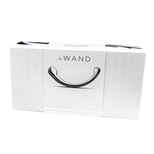 On the front of the packaging is the le Wand logo, a side view image of the product, the product name: Hoop Double-Side Pleasure Tool, and product features: Non-Porous; Body safe; Insertable.