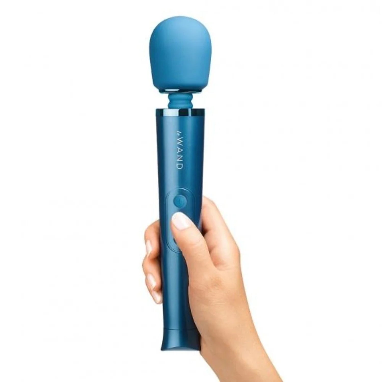 Le Wand Petite Blue Massager being held showing the size scale of the product compared to a human hand