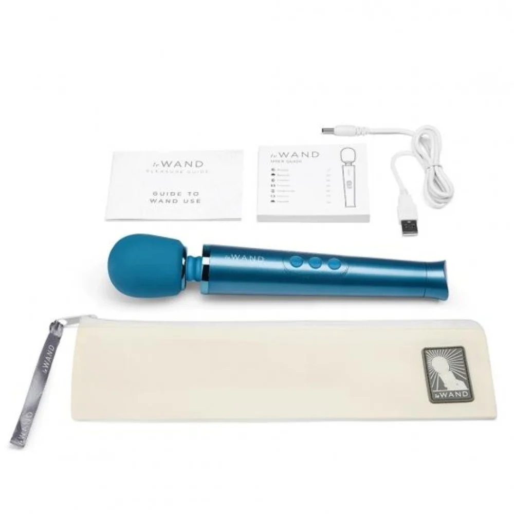 Included with the Le Wand Petite Blue Massager, Le wand Guide to wand use,  Le Wand User manual, USB charging cable, and Le Wand storage bag.