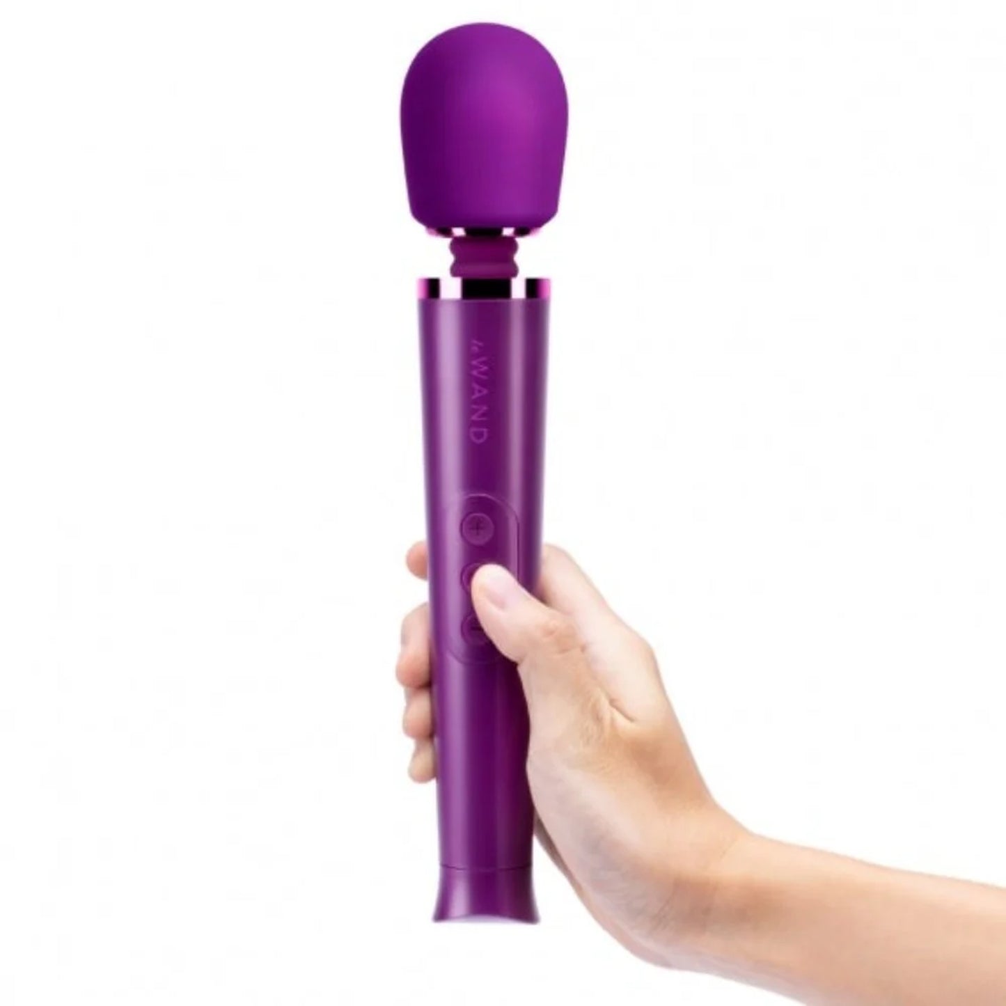 Le Wand Petite Dark Cherry Massager being held showing the size scale of the product compared to a human hand