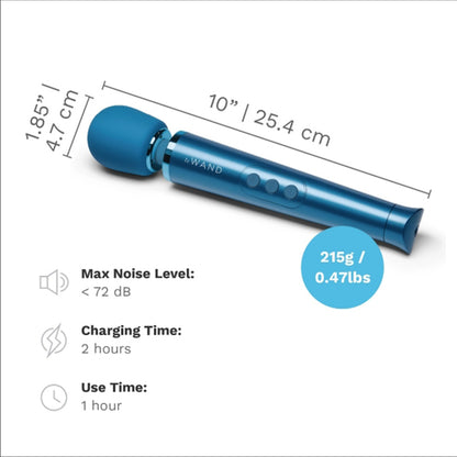 Le Wand Petite Massager length: 10 inches / 25.4 centimetres; Product width: 1.85 inches / 4.7 centimetres; Product weight: 215 grams / 0.47 Pounds; Max noise level: Less than 72 Decibels; Charging time: 2 hours; Use time: 1 hour.