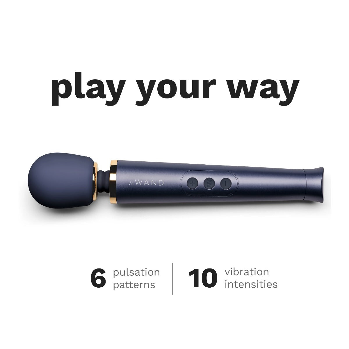 Caption text "Play your way", an image of Le Wand Petite Navy Massager in the middle, and product features: 6 pulsation patterns; 10 vibrating intensities.