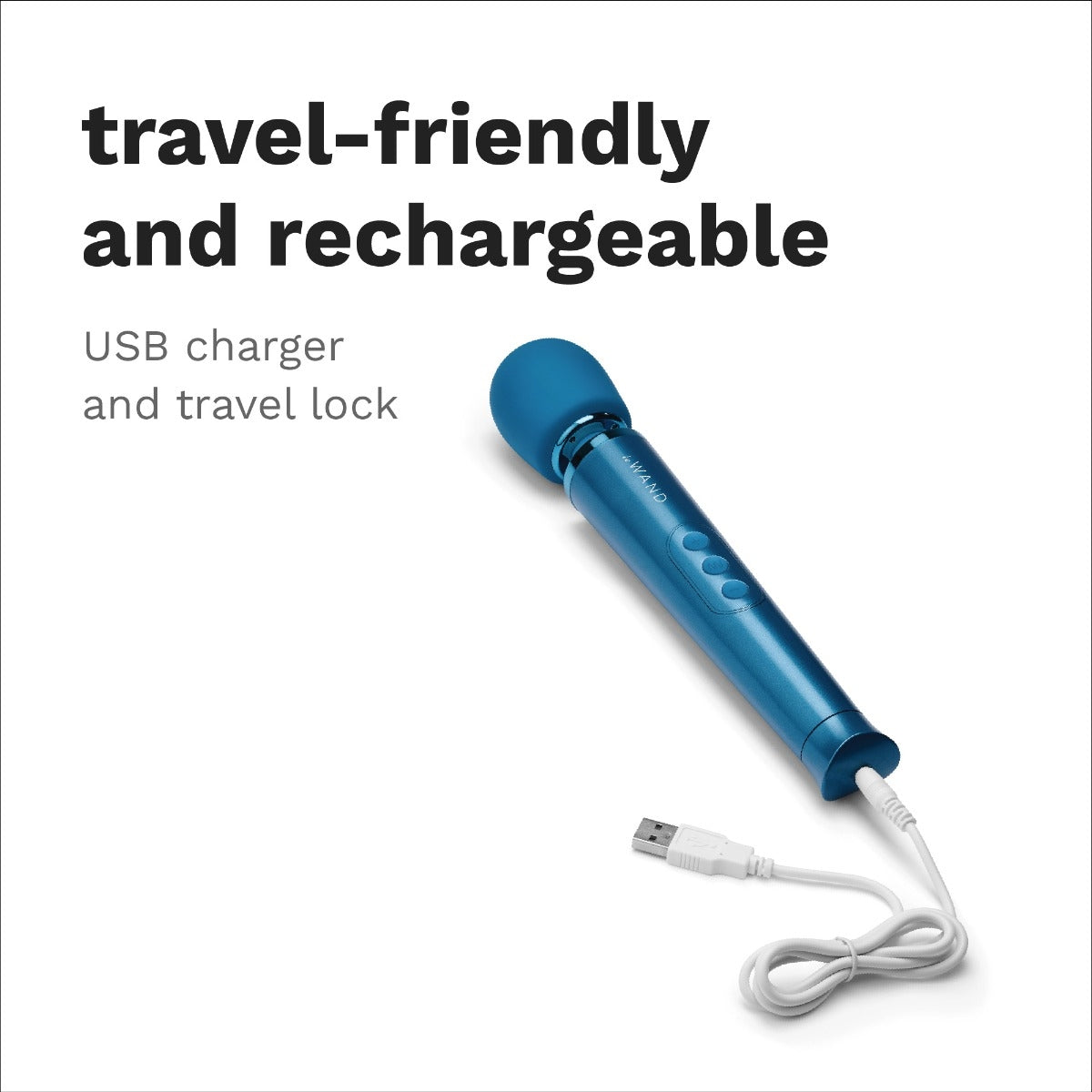 An image of the Le Wand Petite Blue Massager with a USB charging cable inserted in the charging port. Above is a caption "Travel-Friendly and rechargeable, USB charger and travel lock".