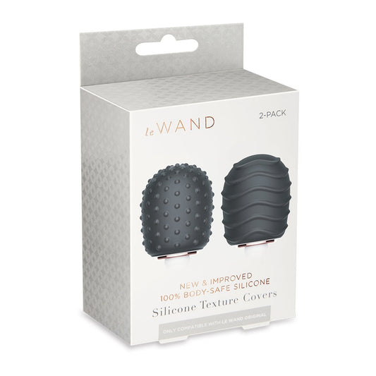 On the front of the packaging shows Le Wand logo, product features: 2-Pack; New & improved; 100% Body-safe silicone, an image of the product, product name: Silicone Textures Covers, and "Only compatible with Le Wand Original" displays at the bottom.