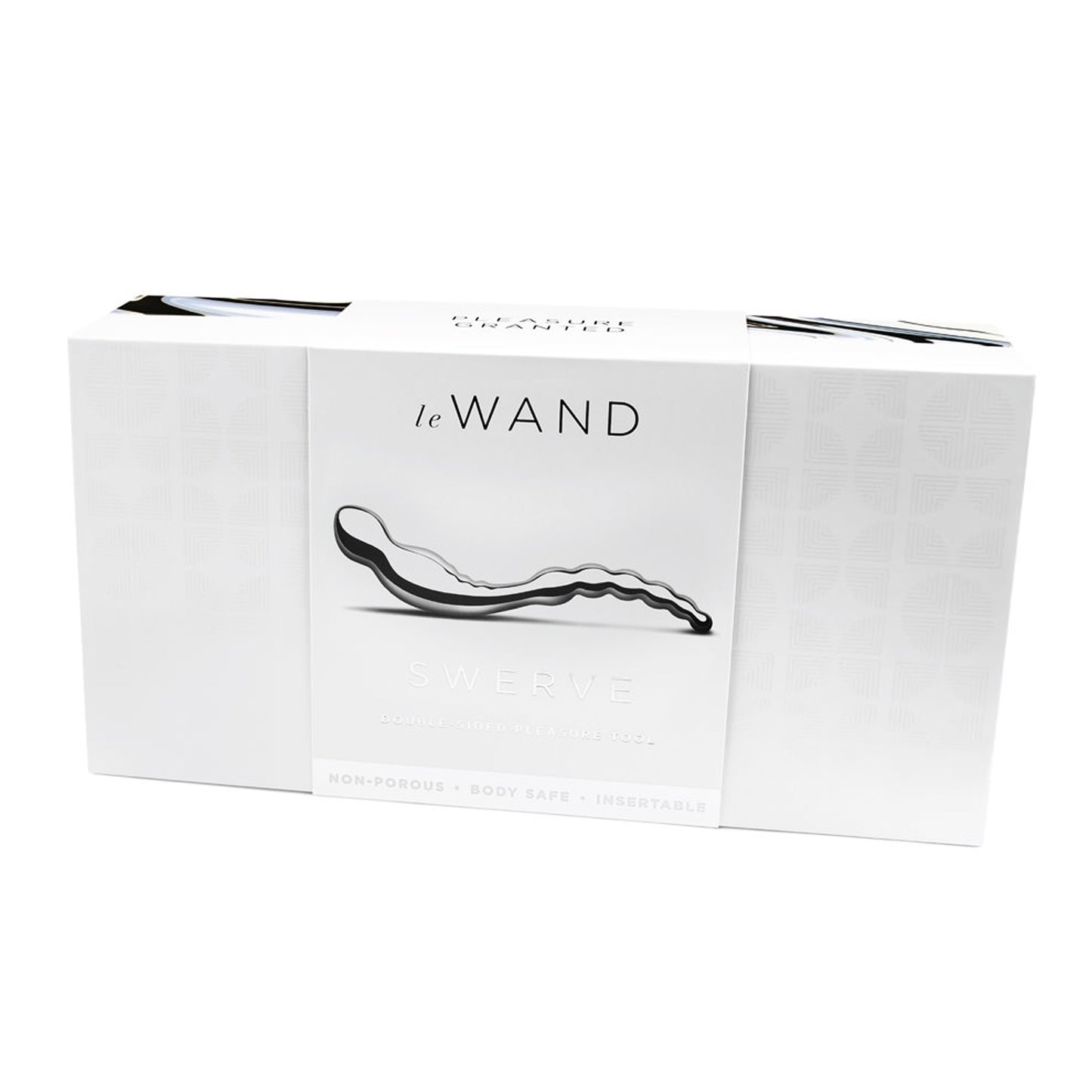 On the front of the packaging shows Le Wand logo, an mage of the product, product name: Swerve Double-Sided Pleasure Tool, and product features: Non-Porous; Body Safe; Insertable.