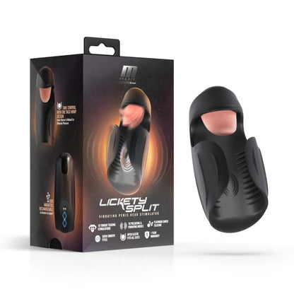 Packaging box and black Lickety Split vibrating penis head stimulator.
