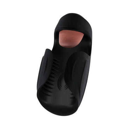 Angled perspective of black vibrating male masturbator with open sleeve design.