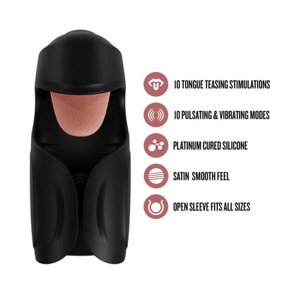 Black M For Men Lickety Split male stroker displaying key features including 10 tongue stimulations and platinum cured silicone.