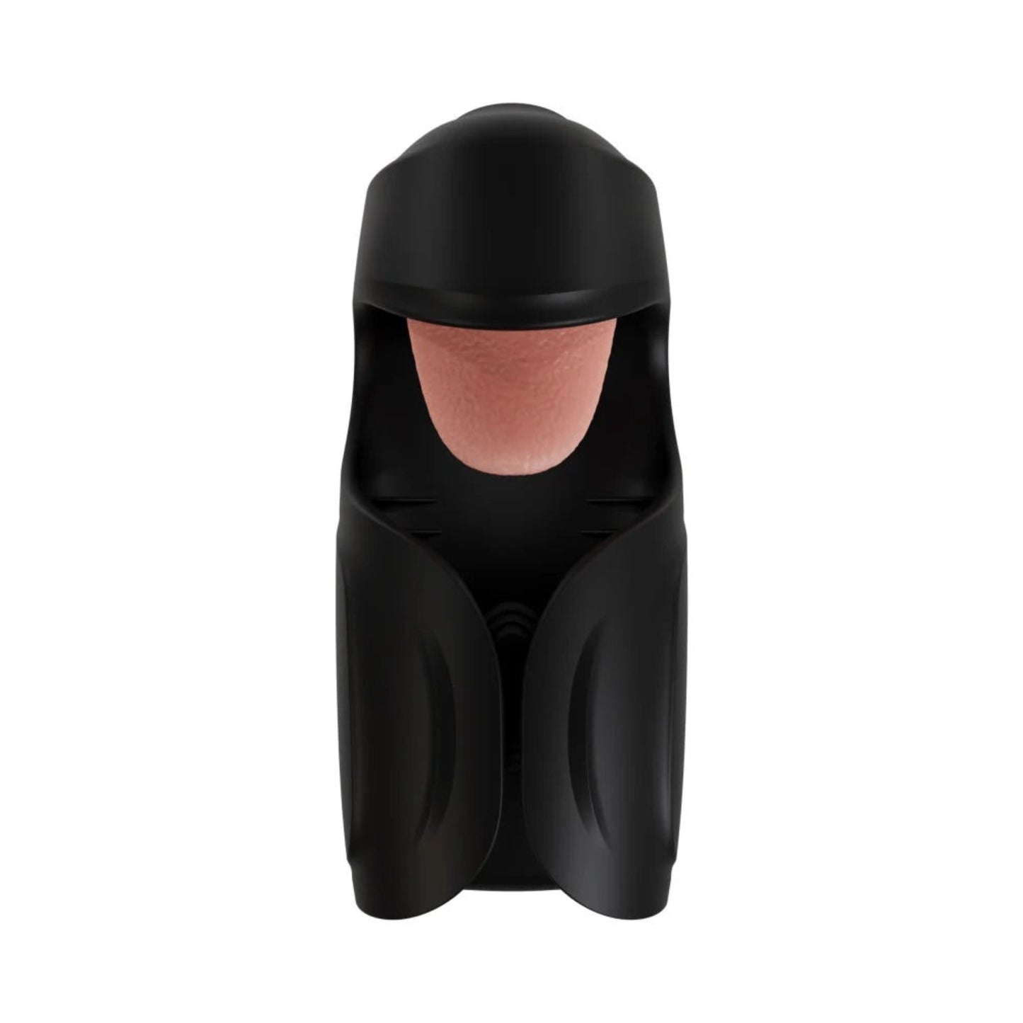 Front view of the black M For Men Lickety Split automatic stroker showing soft pink textured tongue stimulator.