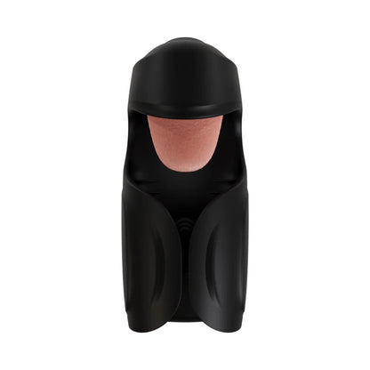 Front view of the black M For Men Lickety Split automatic stroker showing soft pink textured tongue stimulator.
