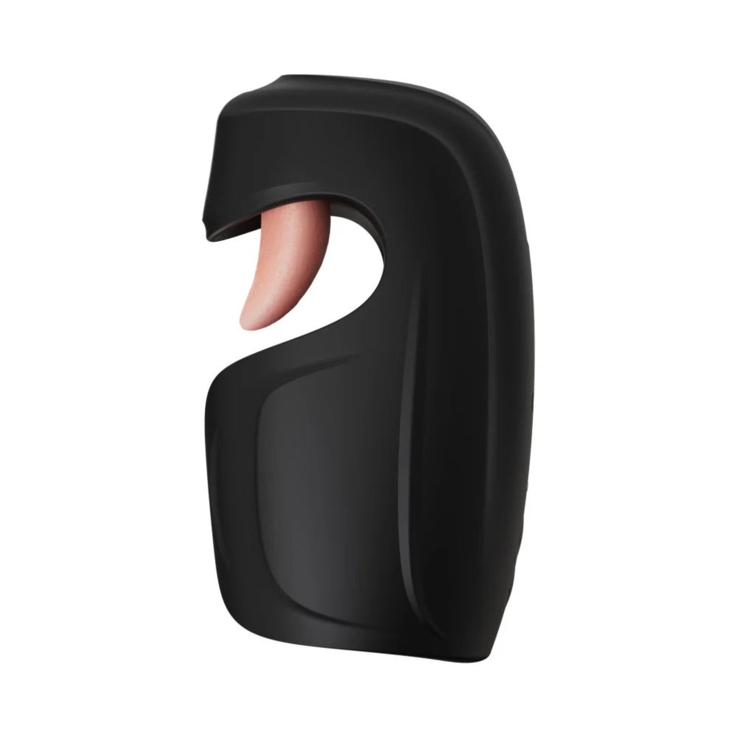 Side profile of the black Lickety Split male masturbator highlighting ergonomic curved taco design.