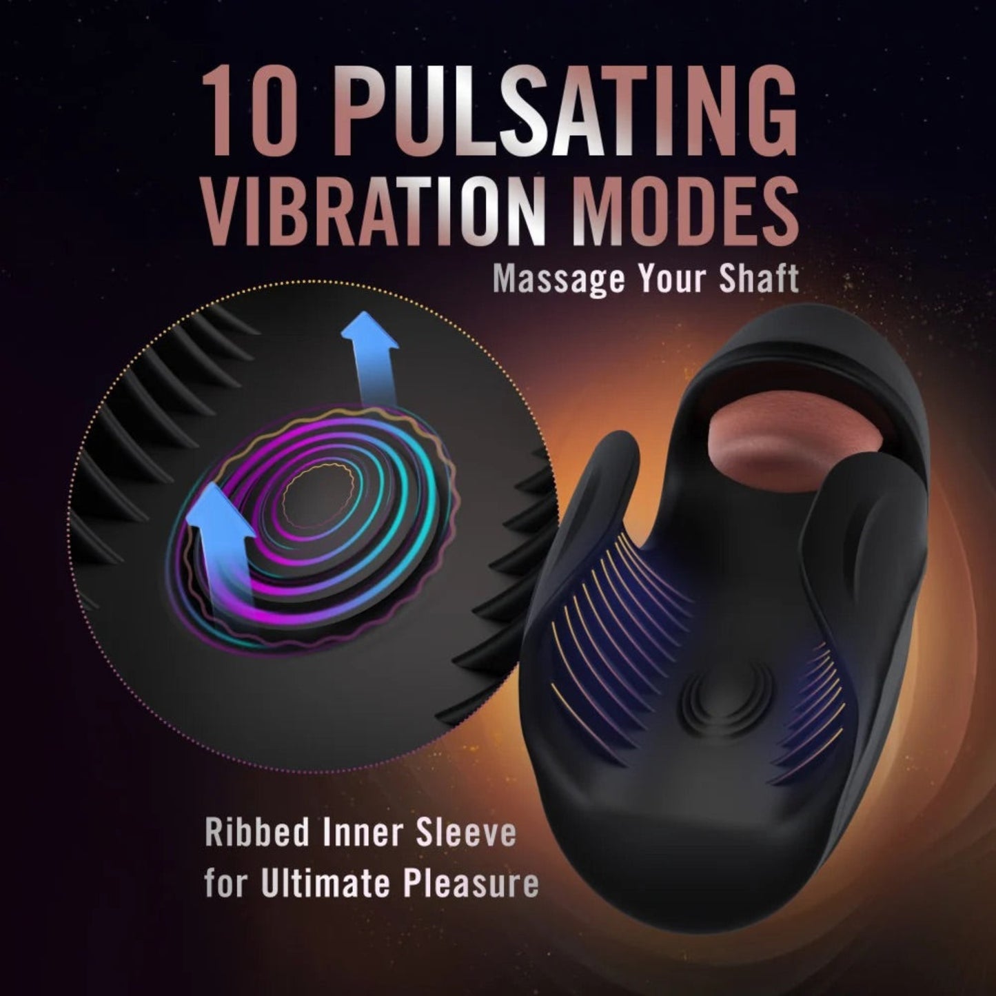 Graphic detailing 10 pulsating vibration modes and ribbed inner sleeve texture for penis shaft massage.
