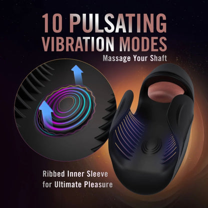 Graphic detailing 10 pulsating vibration modes and ribbed inner sleeve texture for penis shaft massage.