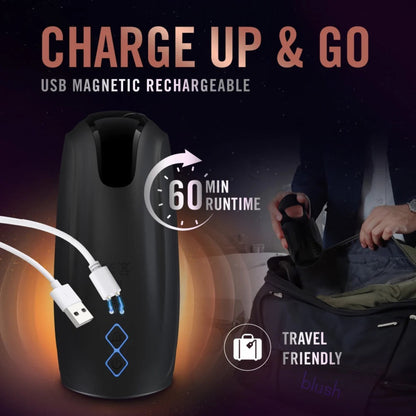 Illustration of USB magnetic charging cable, 60 minute battery runtime, and travel-friendly design.