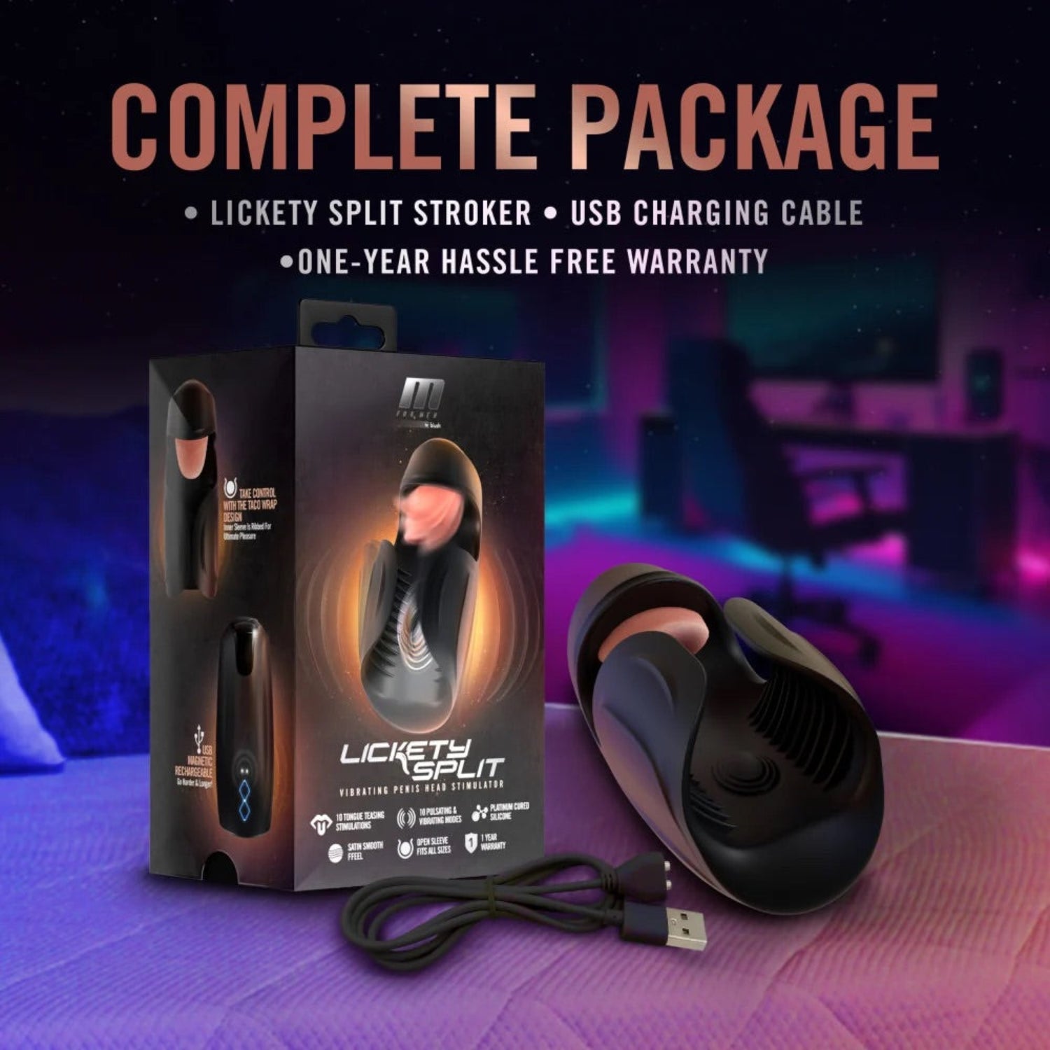Product packaging box alongside Lickety Split male stroker and magnetic USB charging cable.