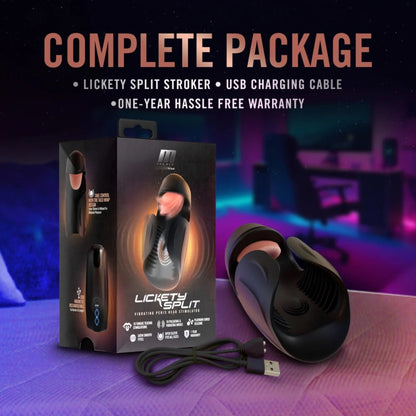 Product packaging box alongside Lickety Split male stroker and magnetic USB charging cable.
