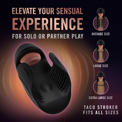 Diagram showing taco stroker fitting average, large, and extra-large sizes for solo or partner play.