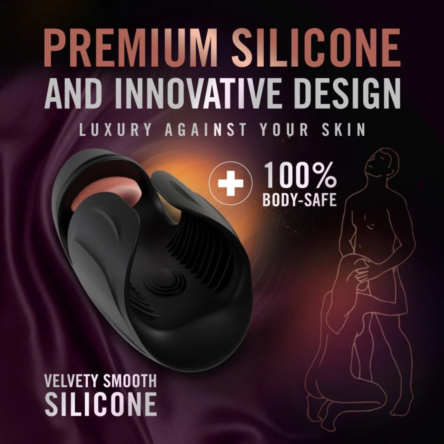 Illustration highlighting 100 percent body-safe velvety smooth platinum silicone design.