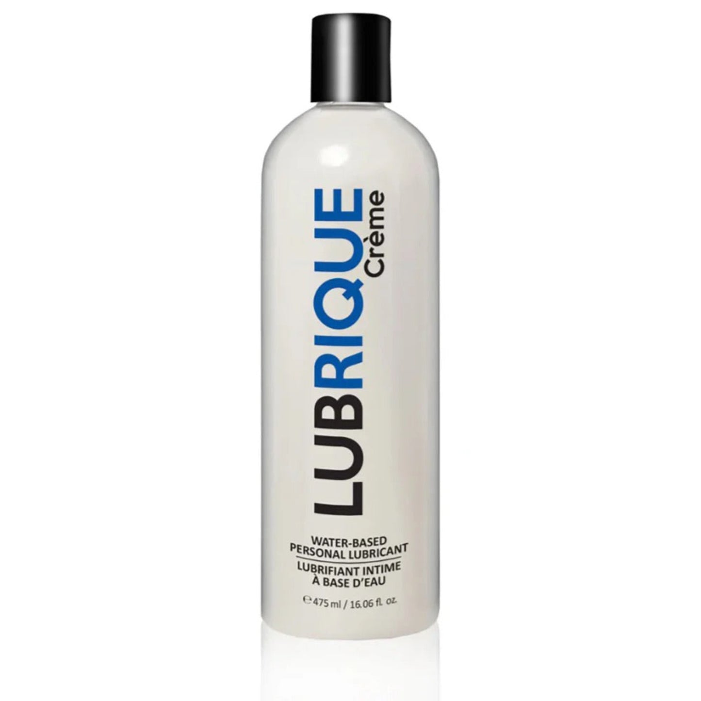 A large 475ml (16.06 fl. oz.) value-size bottle of Lubrique Crème glycerin-free lubricant, perfect for frequent use and long-lasting value.