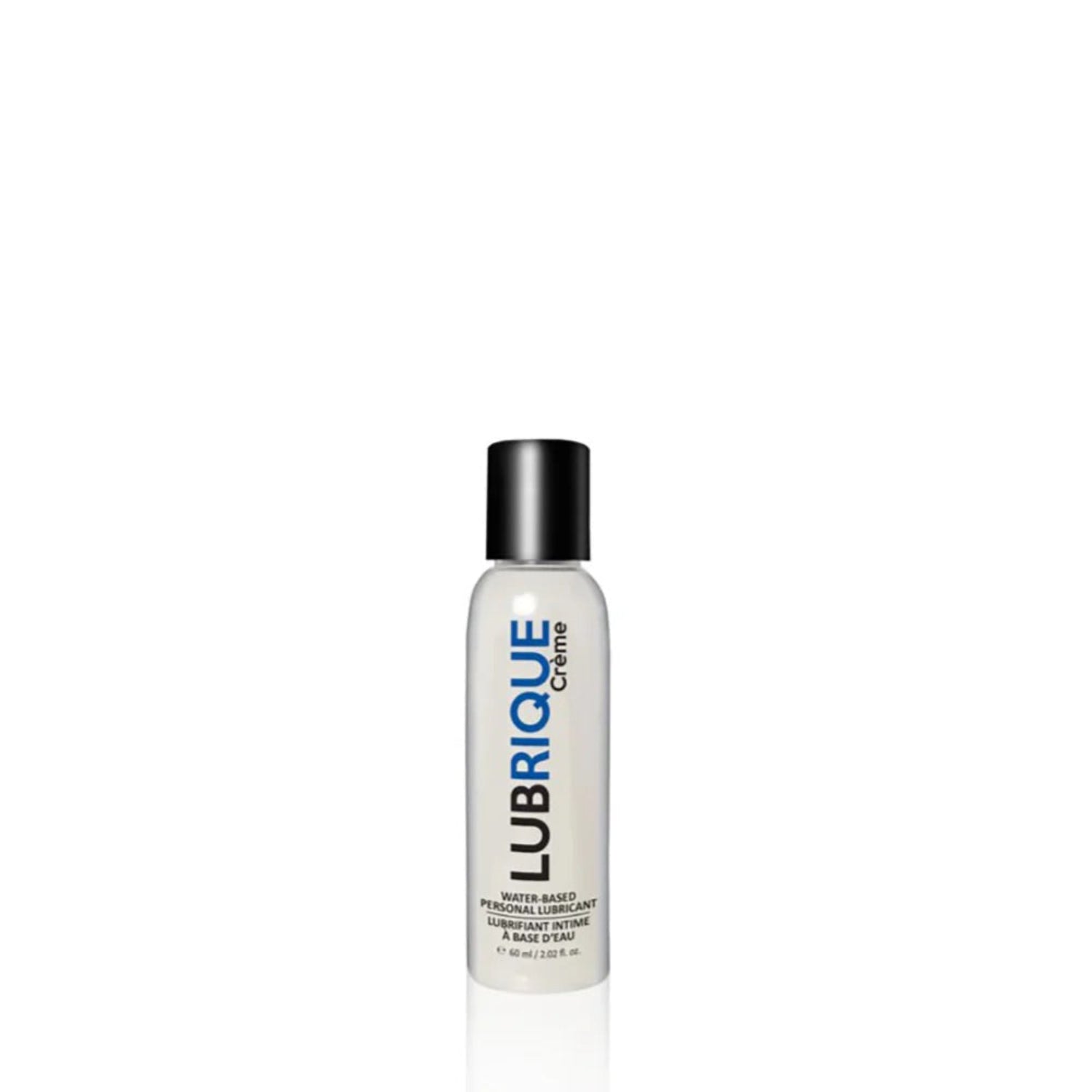 travel-friendly 60ml (2.02 fl. oz.) bottle of Lubrique Crème water-based lubricant, designed for discreet pleasure on the go.
