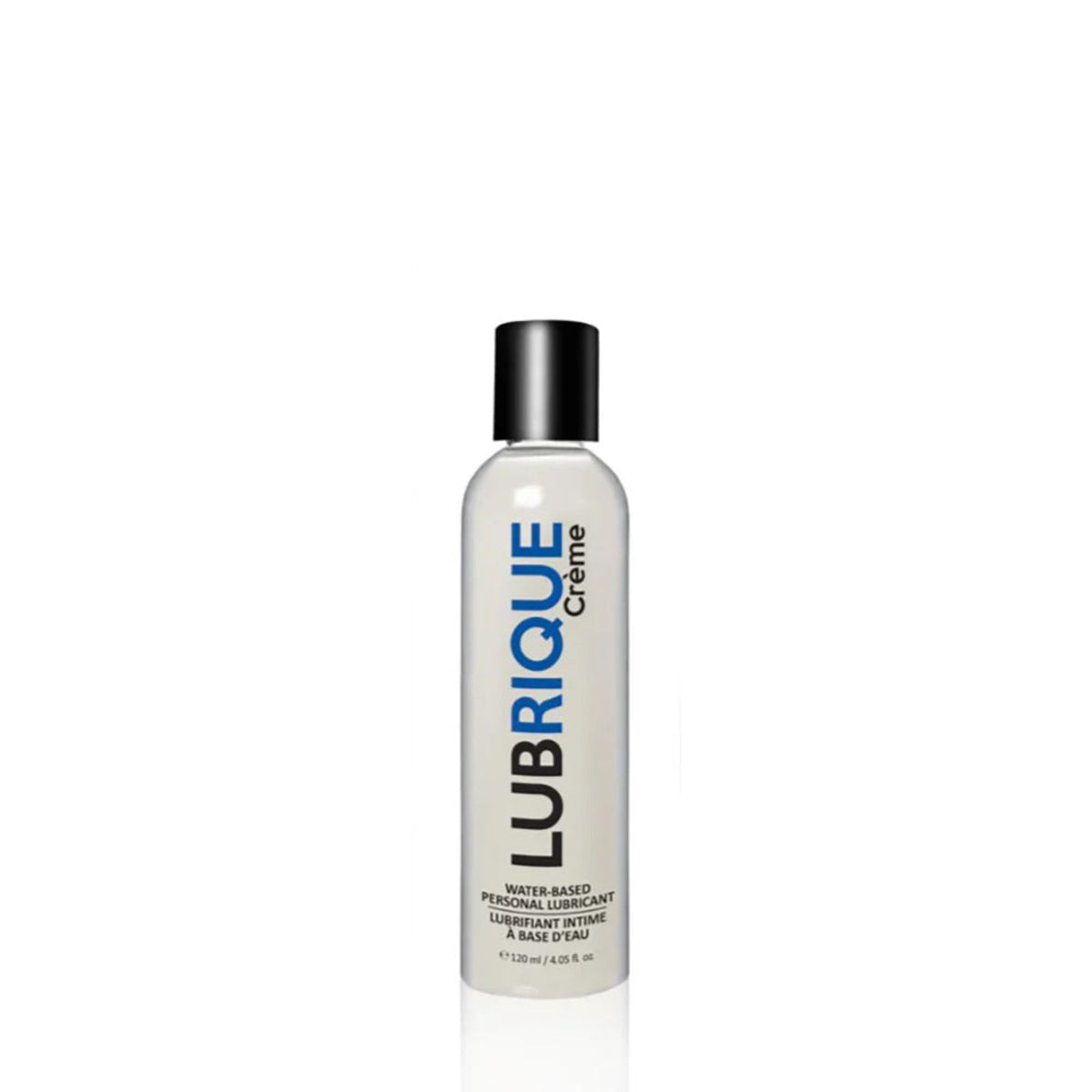 A 120ml (4.05 fl. oz.) bottle of Lubrique Crème paraben-free lubricant, an ideal mid-size choice for bedside pleasure.