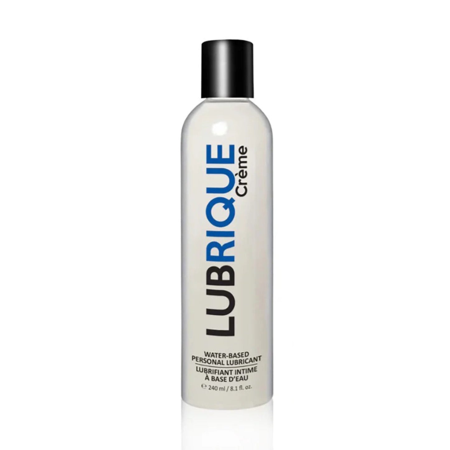 A medium-sized 240ml (8.1 fl. oz.) bottle of Lubrique Crème personal lubricant, featuring bold blue typography on a sleek white bottle.