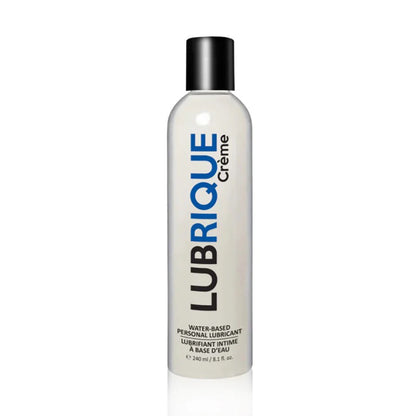 A medium-sized 240ml (8.1 fl. oz.) bottle of Lubrique Crème personal lubricant, featuring bold blue typography on a sleek white bottle.