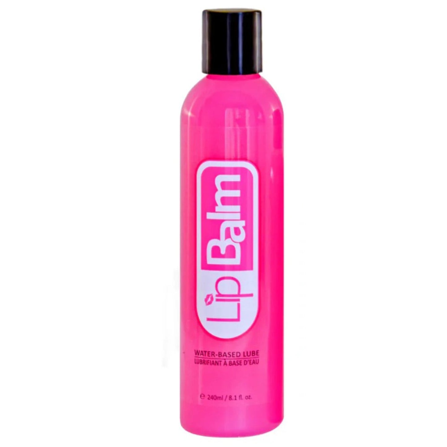 A large 240 ml / 8 oz value-size bottle of LipBalm premium water-based lube, featuring a non-staining pink formula and secure flip-top cap.