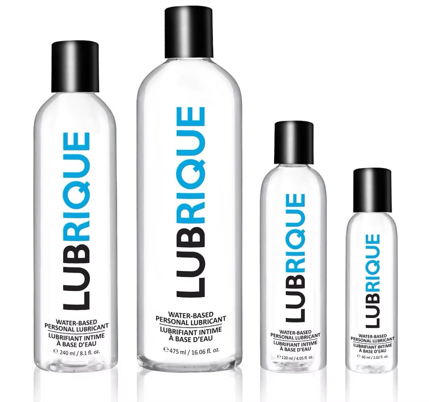 A collection of four Lubrique water-based personal lubricant bottles in various sizes (60 ml / 2 oz to 475 ml / 16 oz) featuring a minimalist design with blue and black typography on a white background.