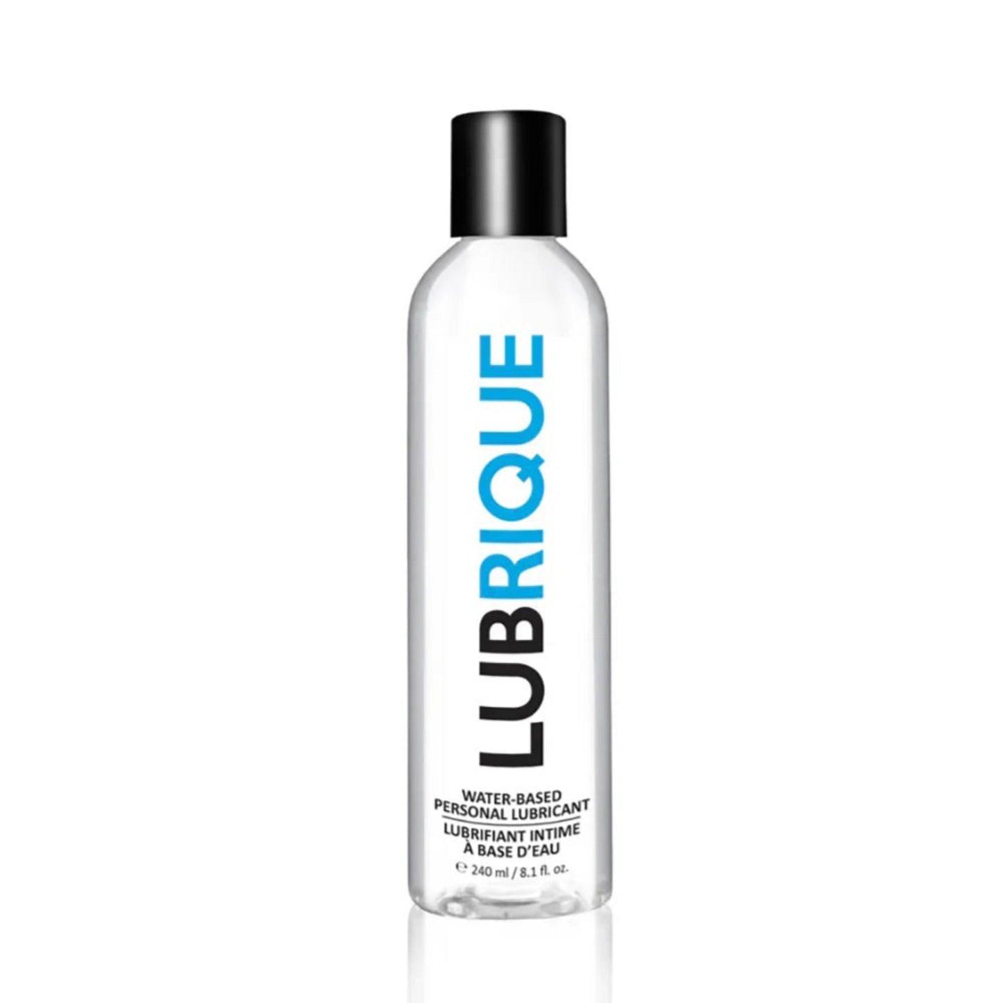 A 240ml (8.1 fl. oz.) bottle of Lubrique water-based lube, featuring a "stay-put" formula ideal for anal play and toy use.