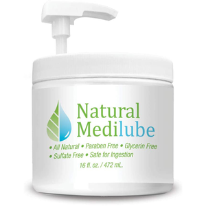 Natural Medilube: All Natural; Paraben Free; Glycerin Free; Sulfate Free; Safe for Ingestion, 16 fl oz / 472 ml pump jar.