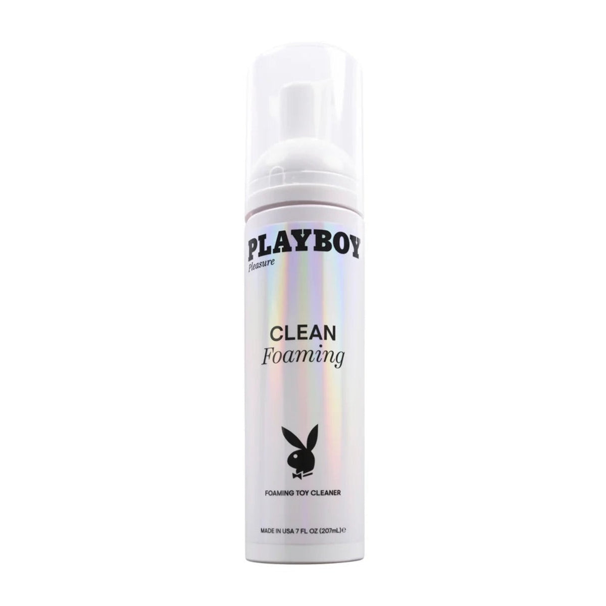Front view of the Playboy Pleasure Clean Foaming Toy Cleaner pump bottle featuring a holographic label and the iconic Playboy bunny logo.