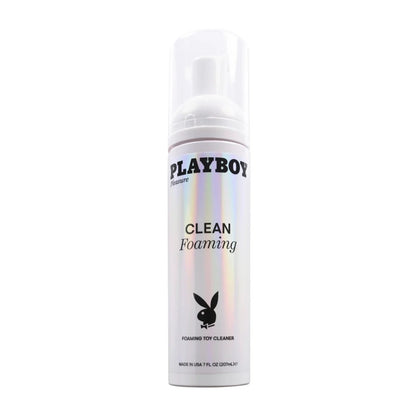 Front view of the Playboy Pleasure Clean Foaming Toy Cleaner pump bottle featuring a holographic label and the iconic Playboy bunny logo.
