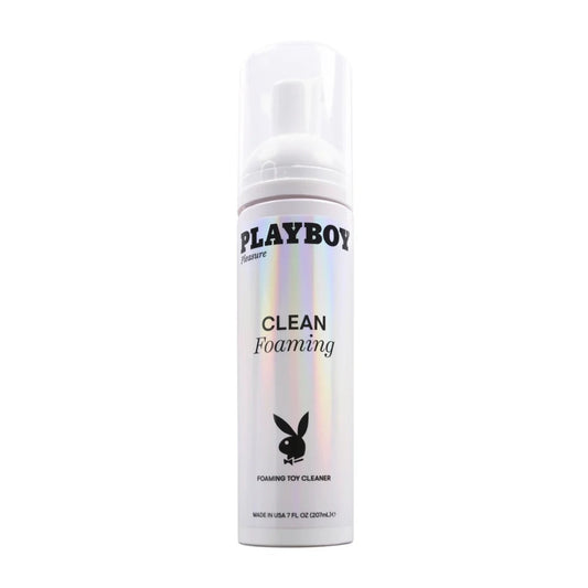 Front view of the Playboy Pleasure Clean Foaming Toy Cleaner pump bottle featuring a holographic label and the iconic Playboy bunny logo.