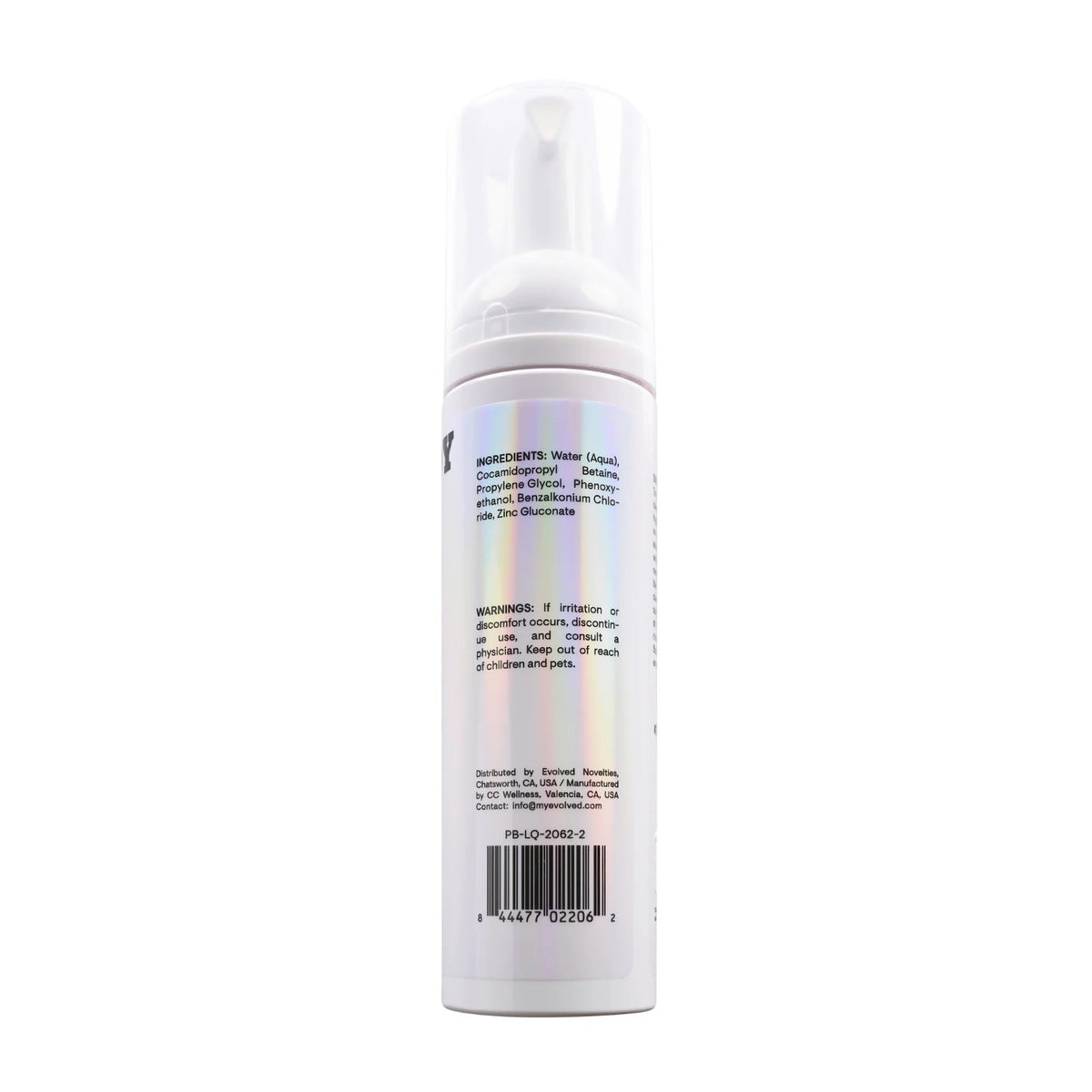 Back view of the Playboy Pleasure Clean Foaming Toy Cleaner bottle displaying the ingredients list and safety warnings.