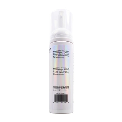 Back view of the Playboy Pleasure Clean Foaming Toy Cleaner bottle displaying the ingredients list and safety warnings.