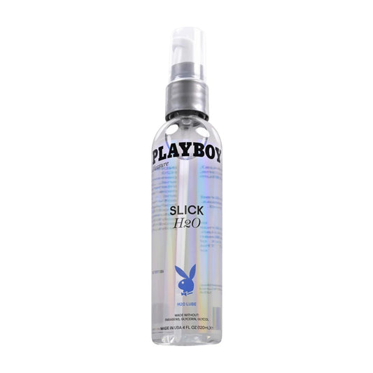 Front profile of a clear 120 millilitre / 4 ounce bottle of Playboy Slick H2O water-based lube featuring a pump dispenser and the iconic bunny logo.