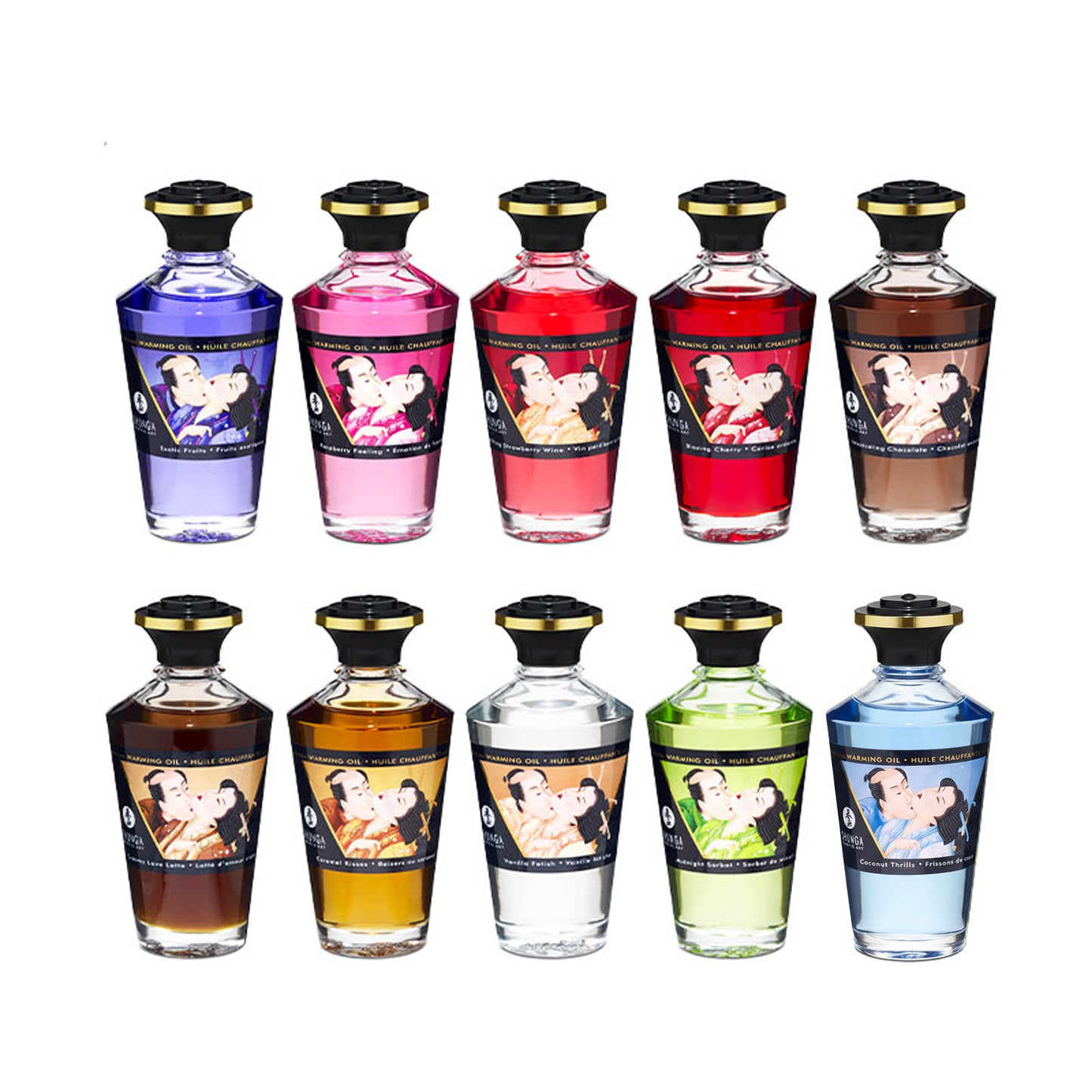 A collection of ten Shunga Aphrodisiac Warming Oil bottles in various colors and flavors, each featuring traditional Japanese Shunga erotic art on the labels.