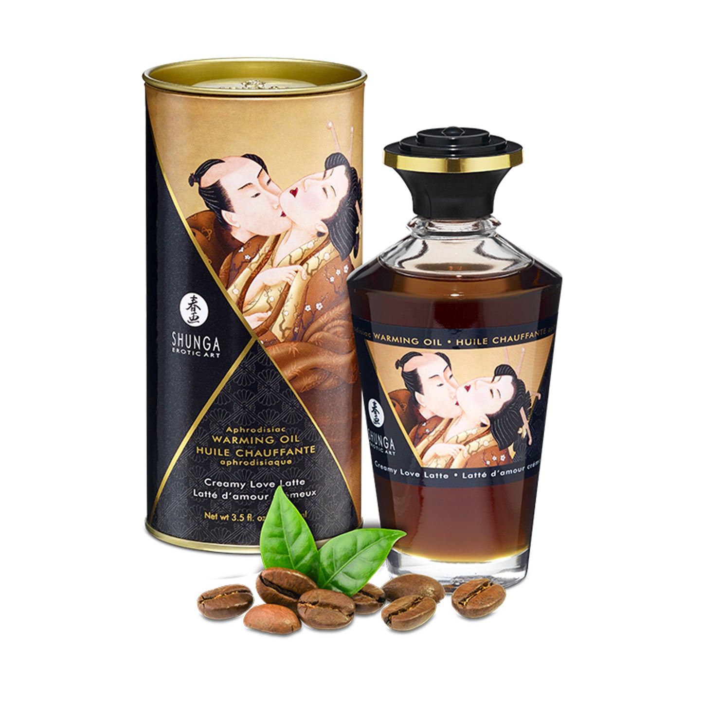 Shunga Creamy Love Latte Warming Oil bottle beside roasted coffee beans, emphasizing the aromatic coffee-flavored formula.