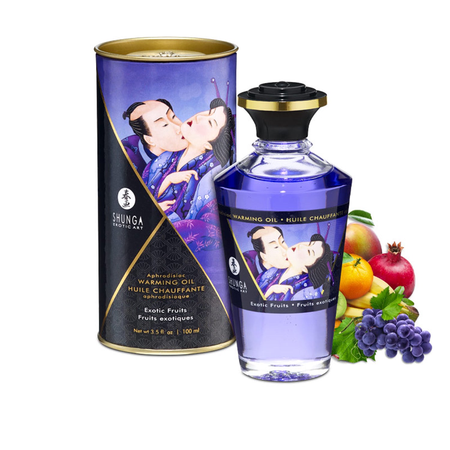 Shunga Exotic Fruits Warming Oil bottle in a purple theme, surrounded by a variety of tropical fruits like grapes, mango, and pomegranate.